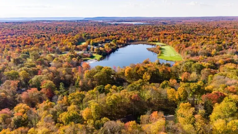 Aerial photo of a golf course in fall